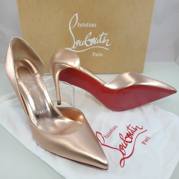 NWT$900 LOUBOUTIN Iriza 85 Leche Silk Satin Metallic Leather Heel Pumps Sz 38.5 - Picture 13 of 14
